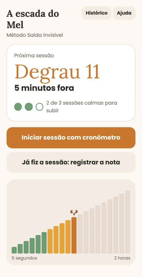 Tela do aplicativo Escada no Celular mostrando o degrau 11, cinco minutos fora, e a escada de 20 degraus