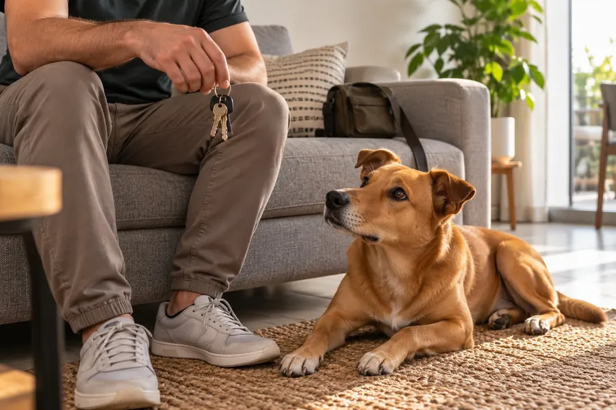 Pessoa sentada no sofá segurando as chaves enquanto o cachorro observa tranquilo