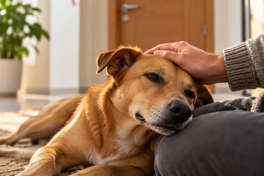 Mão fazendo carinho na cabeça de um cachorro caramelo relaxado