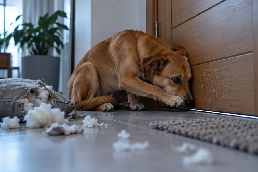 Cachorro caramelo encolhido junto à porta fechada, com uma almofada rasgada no chão