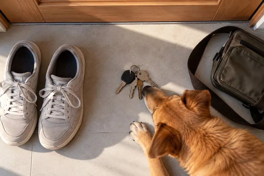 Tênis, chaves e bolsa no chão perto da porta, com o focinho do cachorro farejando as chaves
