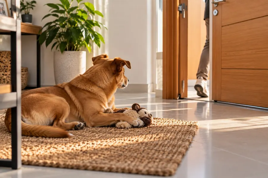 Cachorro deitado tranquilo no tapete com um brinquedo enquanto a pessoa sai pela porta