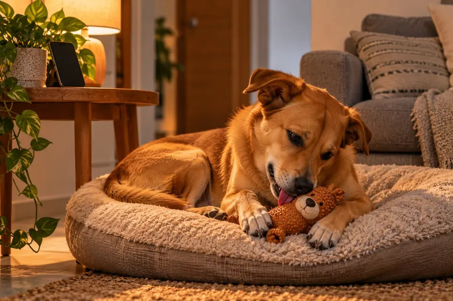 Cachorro deitado na caminha lambendo um brinquedo recheado, com luz de abajur ao fundo